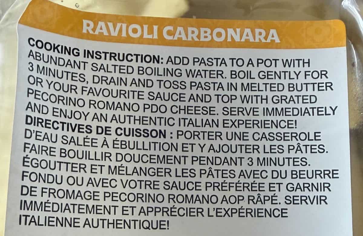 Image of the cooking instructions for the ravioli from the back of the package.