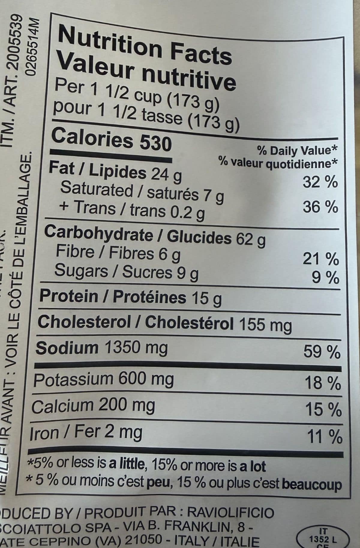 Image of the nutrition facts from the back of the package.