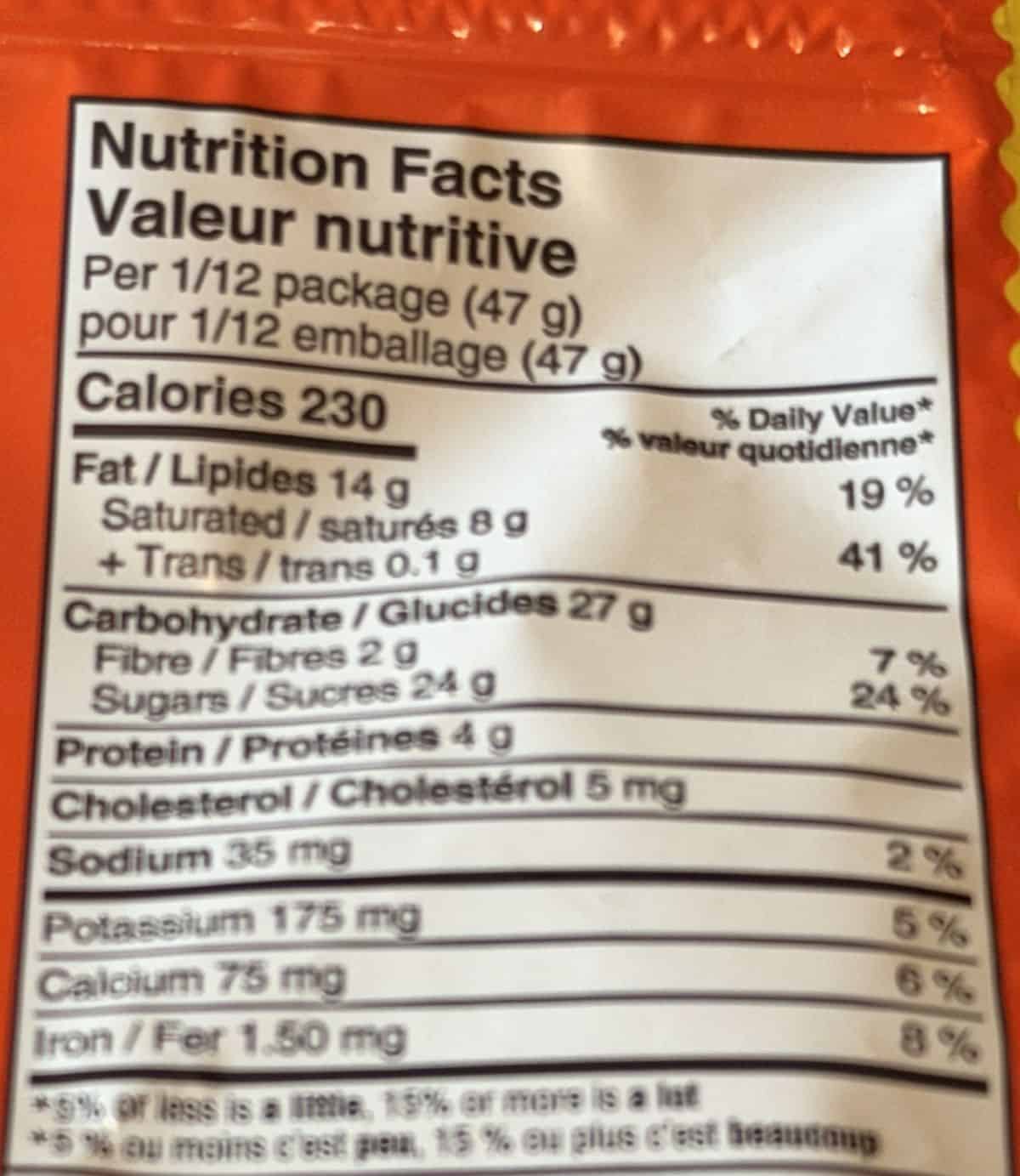 Image of the nutrition facts from the back of the bag.