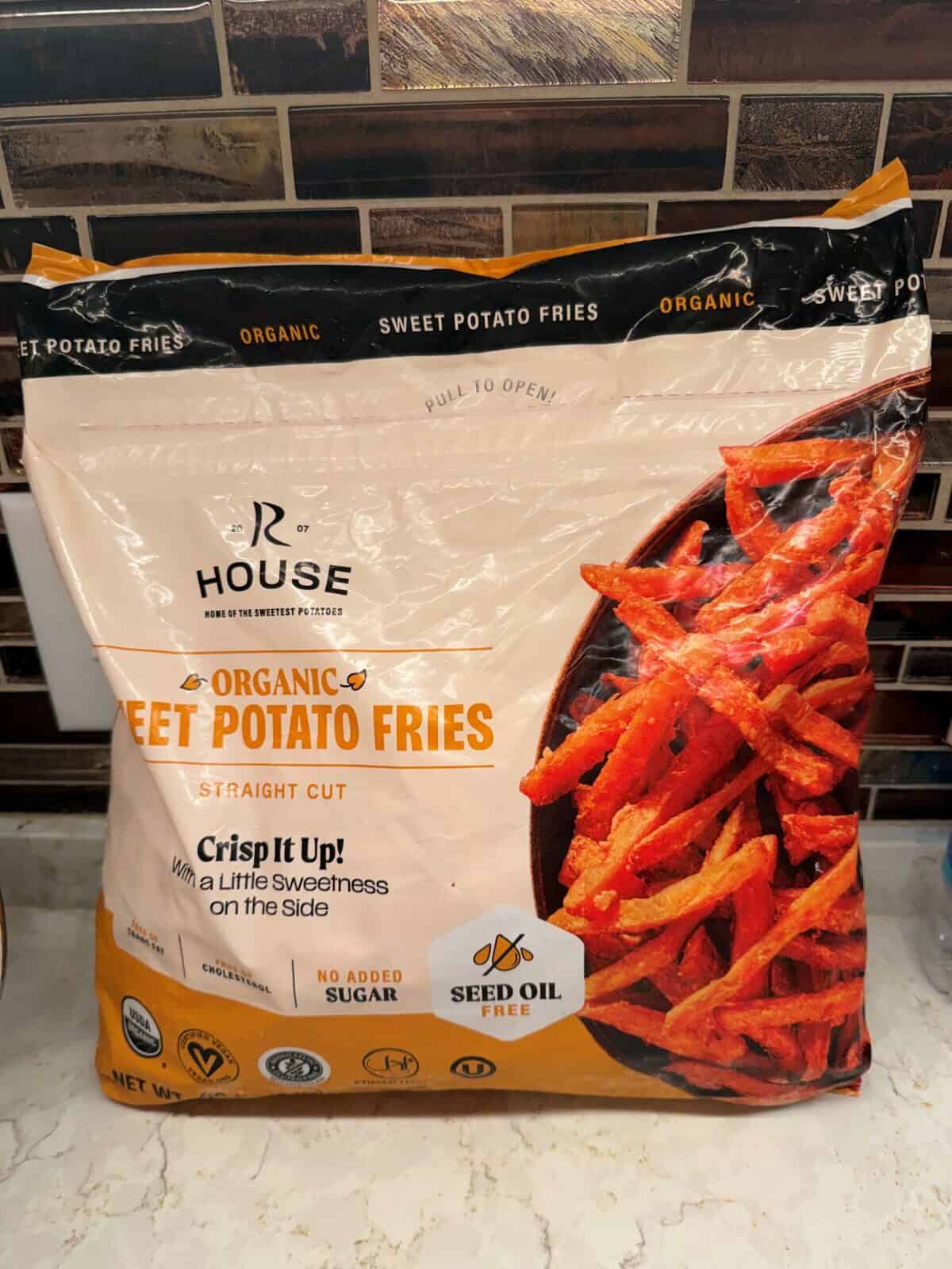 Image of the Costco R House Organic Sweet Potato Fries bag sitting on a counter unopened.