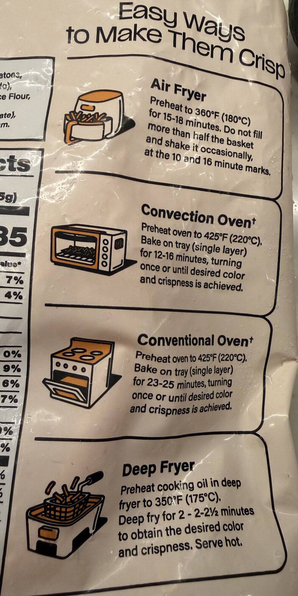 Image of the cooking instructions for the sweet potato fries from the back of the bag.