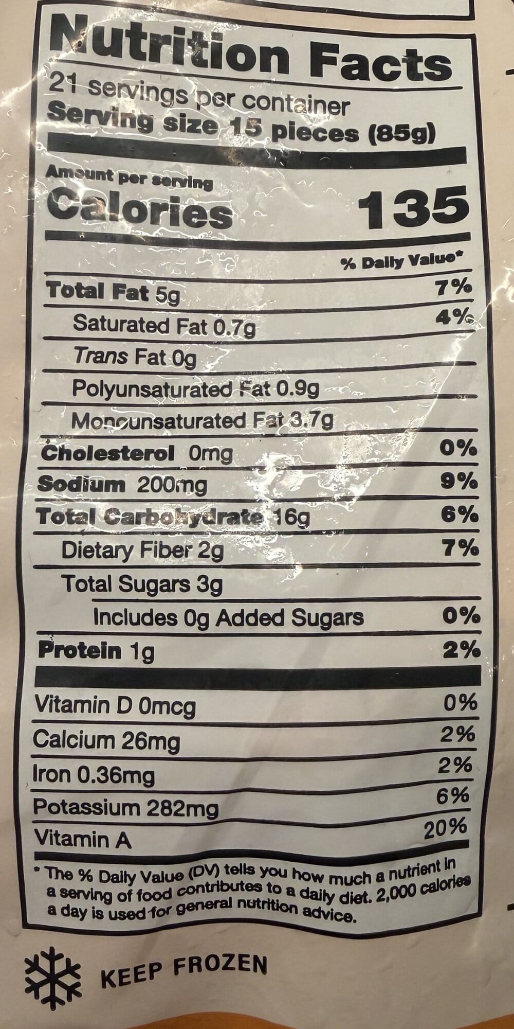 Image of the nutrition facts for the fries from the back of the bag.
