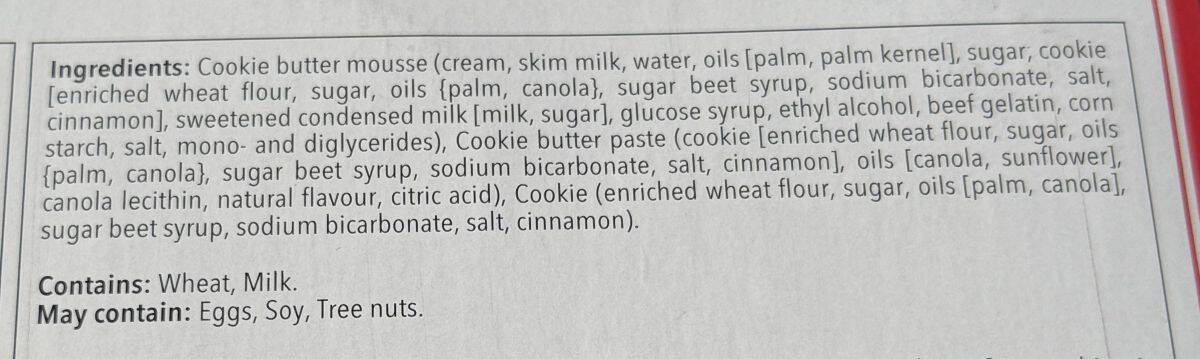 Image of the ingredients for the cookie butter mousse from the back of the box.