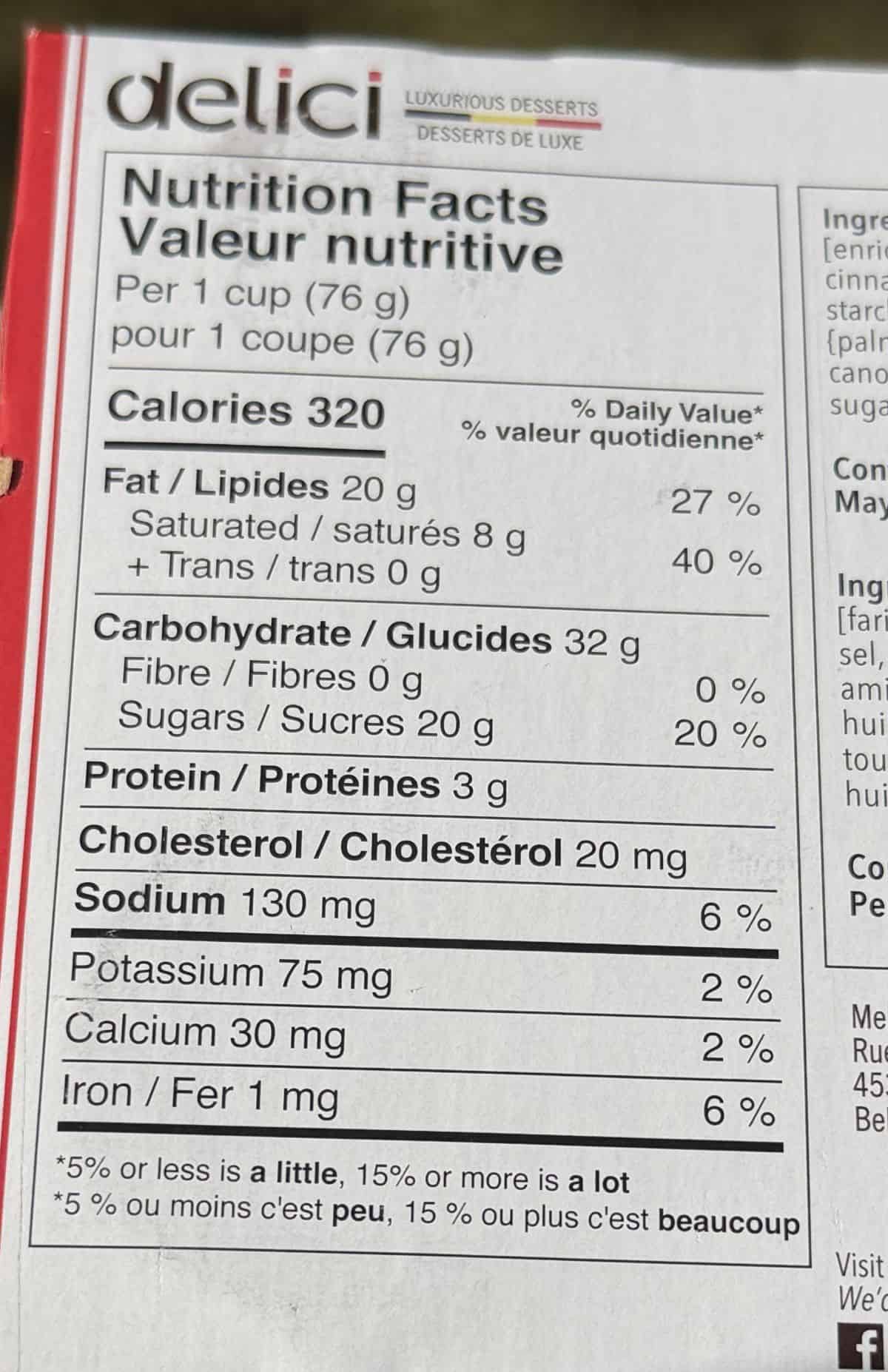 Image of the nutrition facts for the mousse from the back of the package.