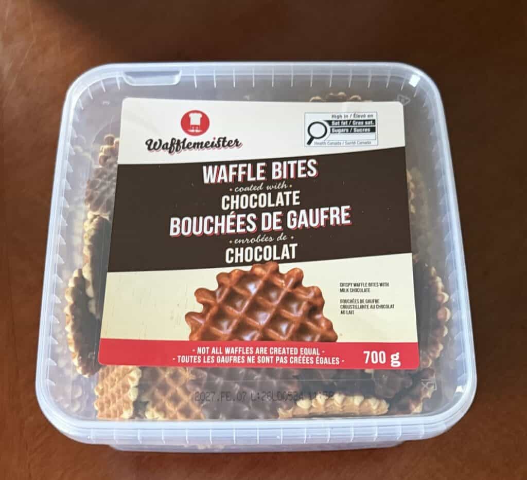 Image of the Wafflemeister Waffle Bites container sitting on a table unopened.