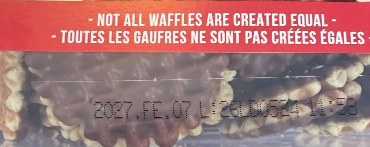 Image of the best before date and slogan that "not all waffles are created equal" from the package.