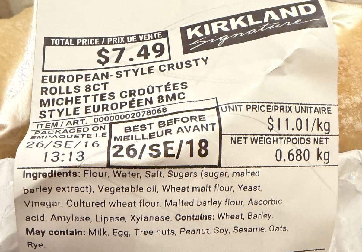 Image of the front label on the crusty rolls showing the cost, ingredients and best before date.