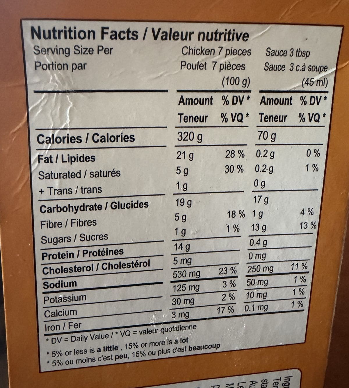 Image of the lemon chicken nutrition facts from the back of the box.