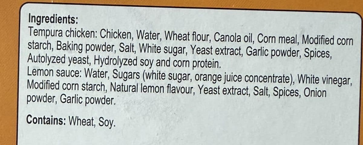 Image of the lemon chicken ingredients from the back of the box.