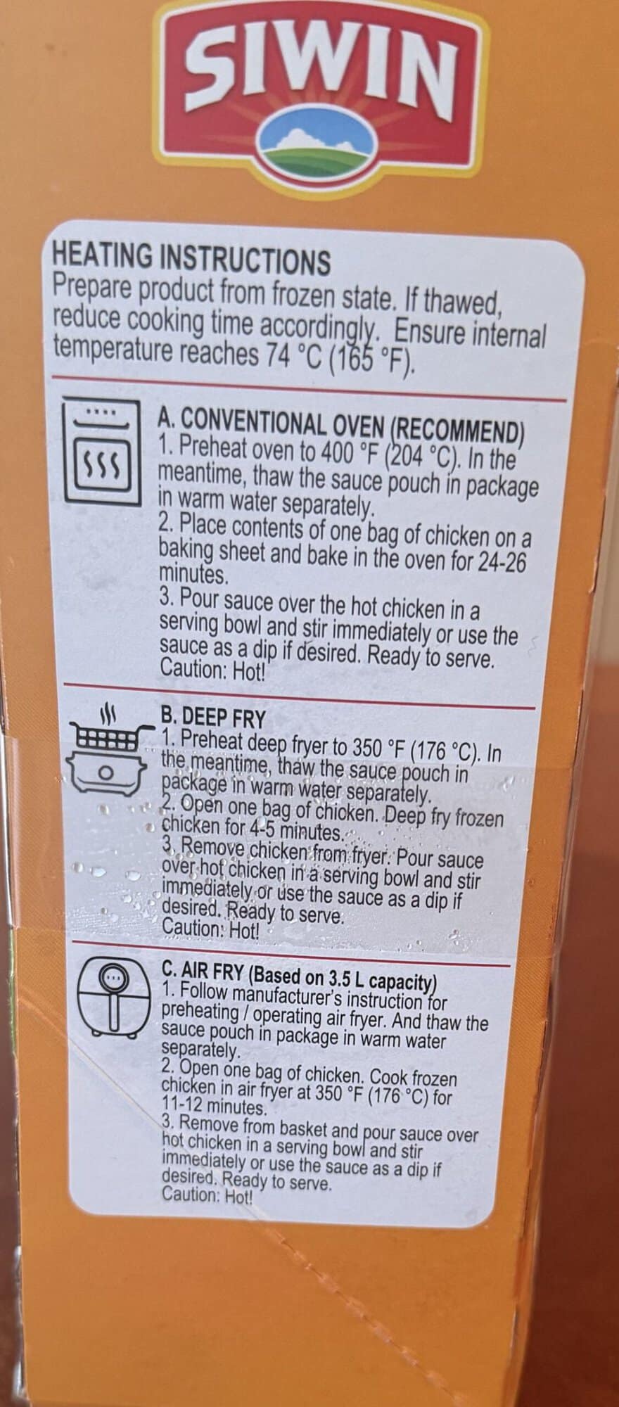 Image of the lemon chicken heating instructions from the back of the box.