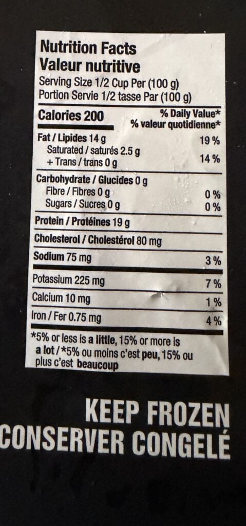 Image of the nutrition facts from the back of the bag.