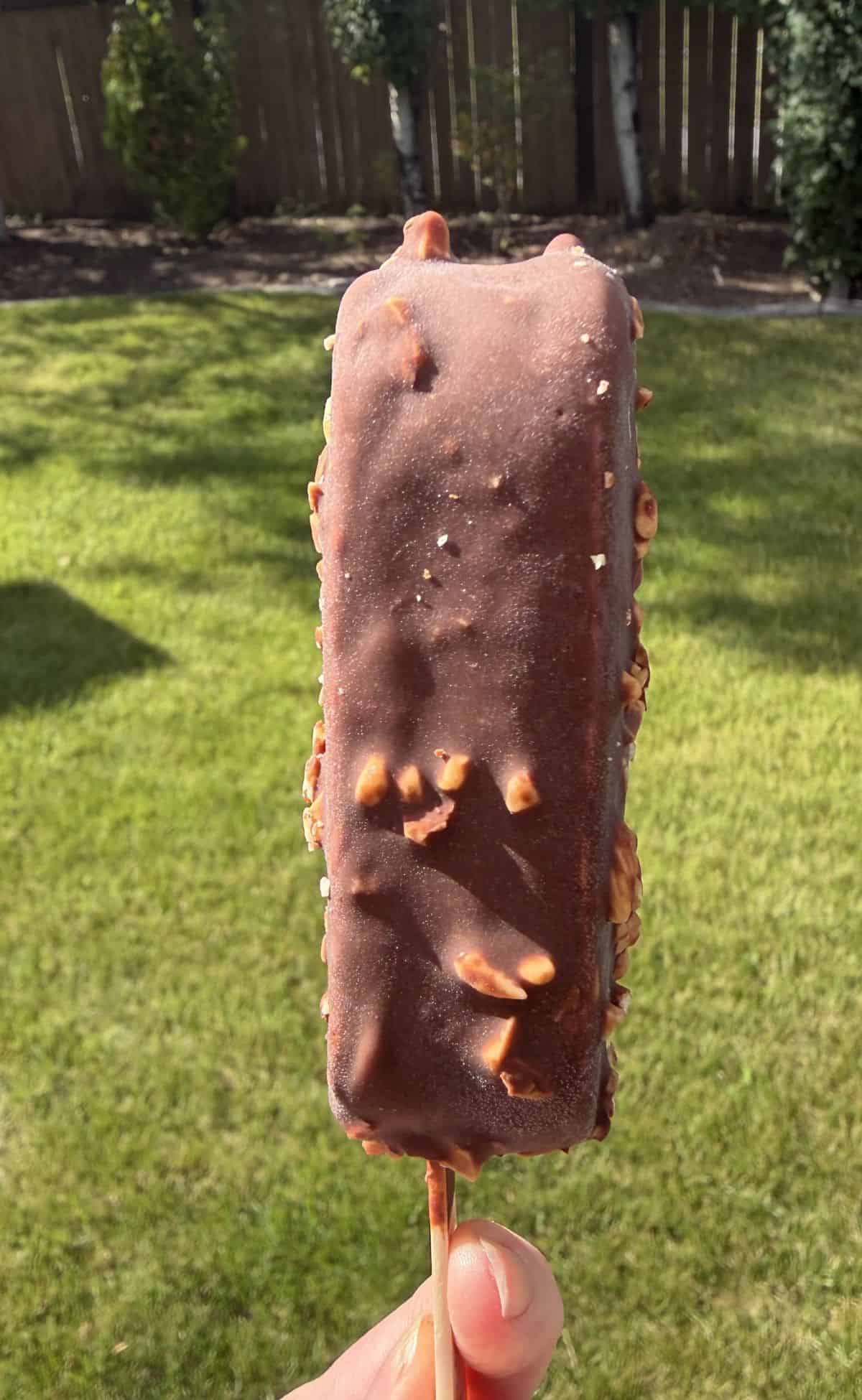 Side view image of a hand holding one ice cream bar so you can see how thick the bars are.