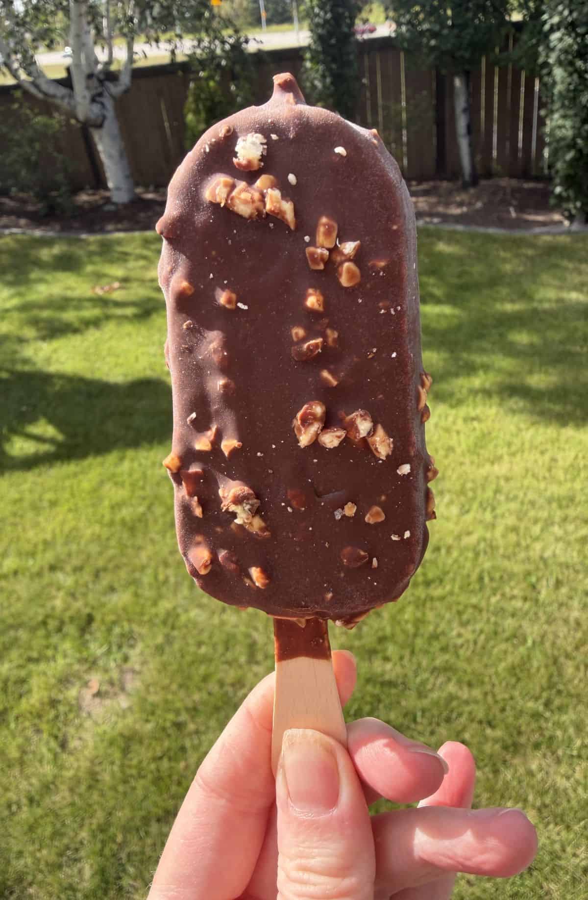 Closeup image of a hand holding one ice cream bar close to the camera so you can see the almond pieces and chocolate coating.