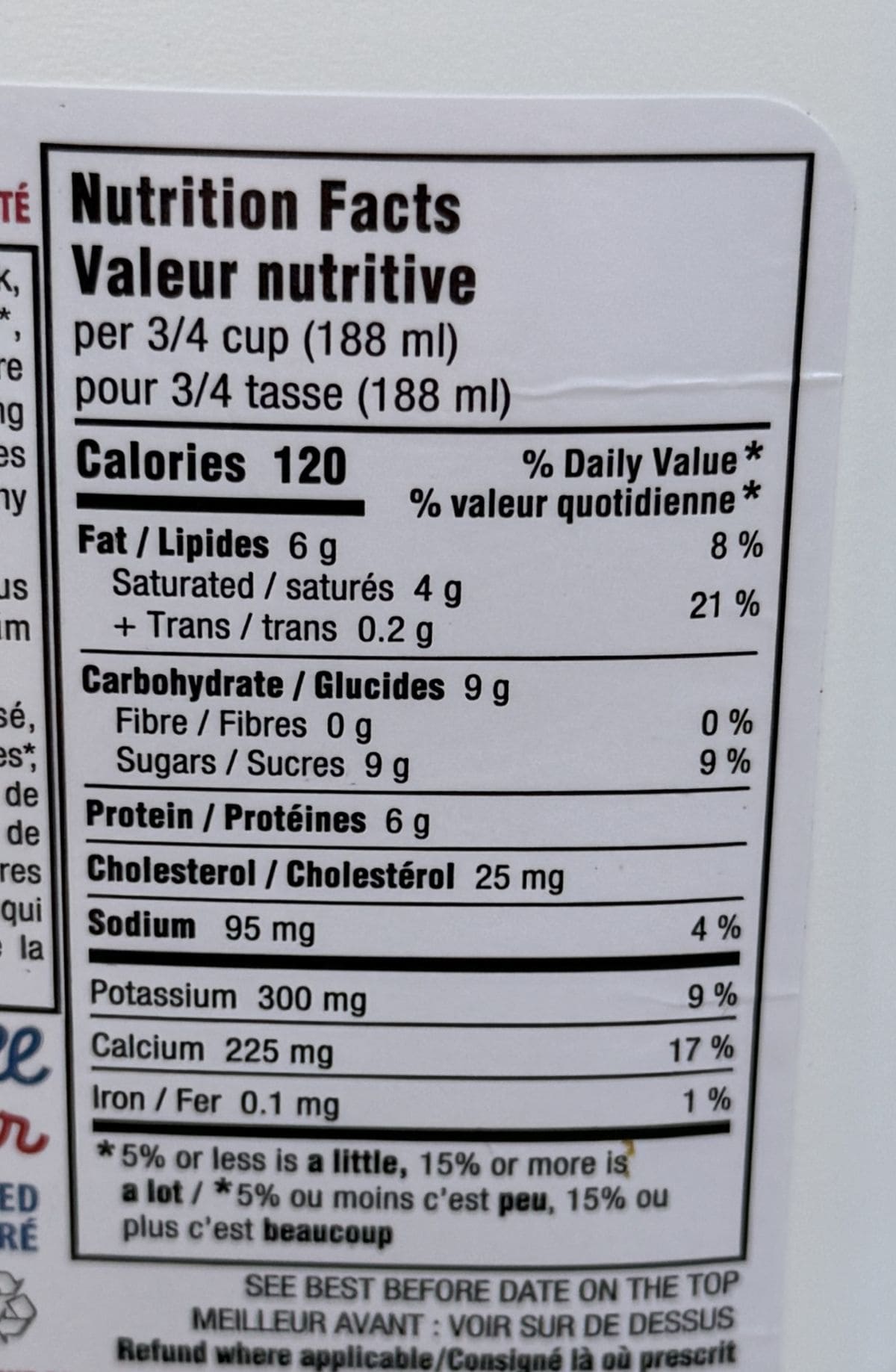 Image of the kefir nutrition facts from the back of the jug.
