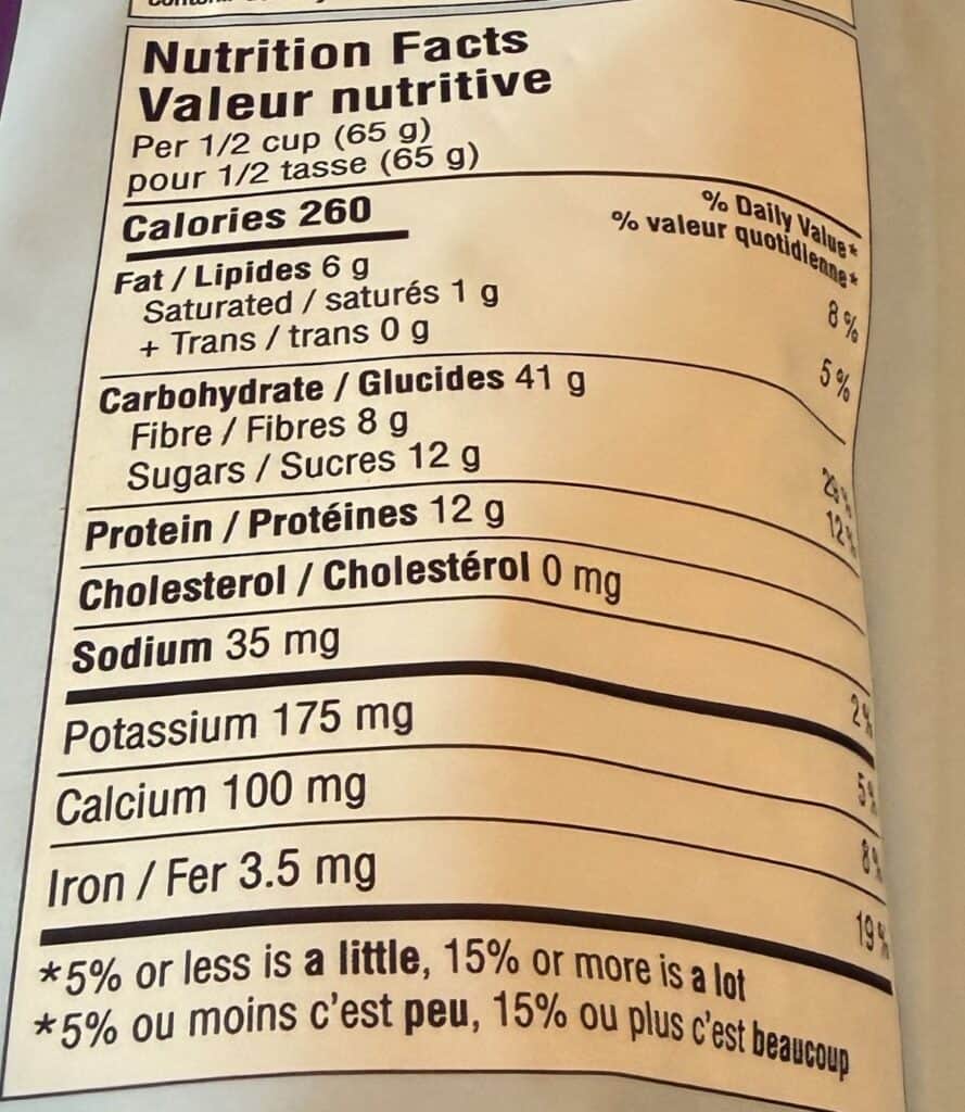 Image of the nutrition facts from the back of the box.