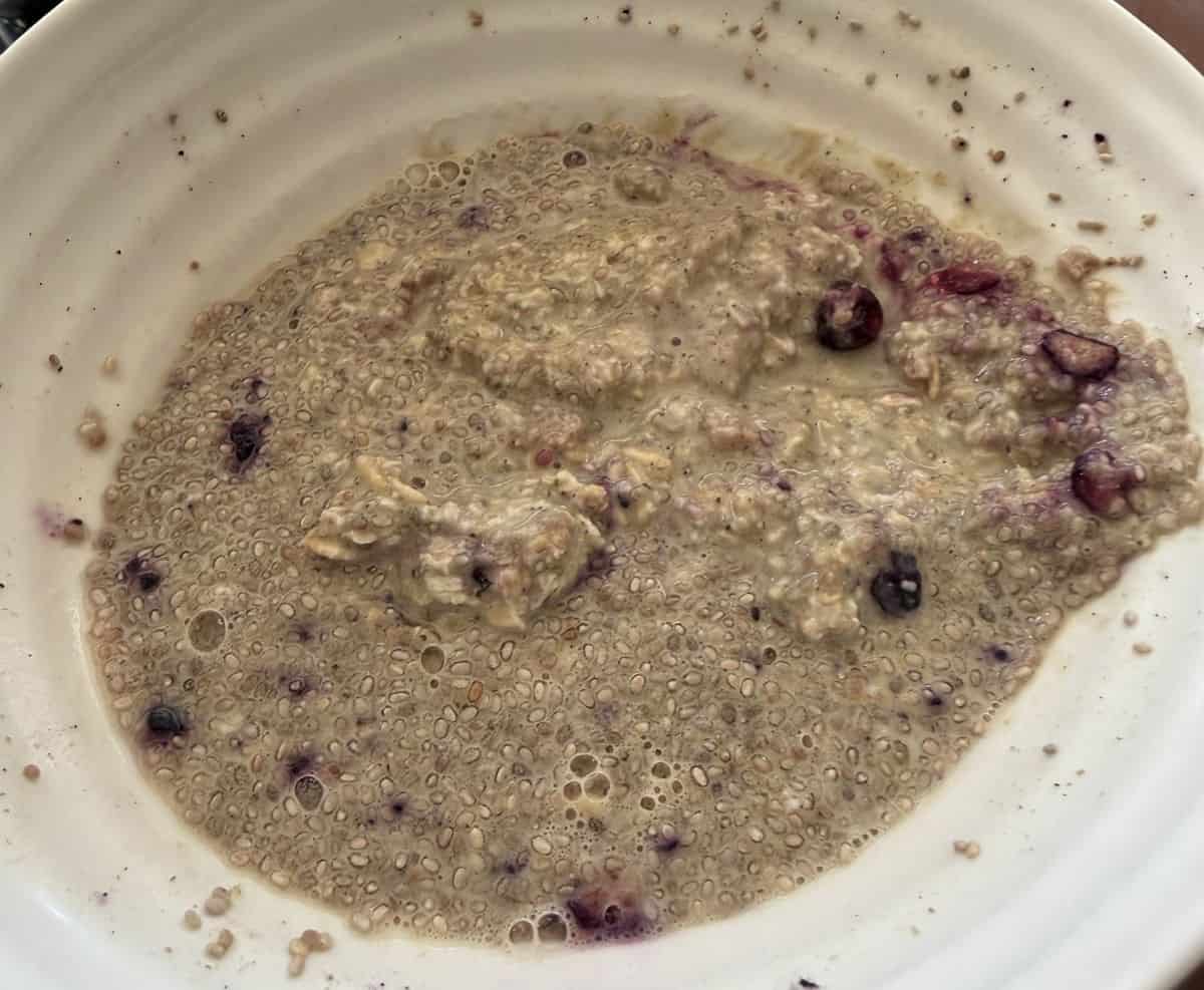 Top down closeup image of a bowl of prepared overnight oats.
