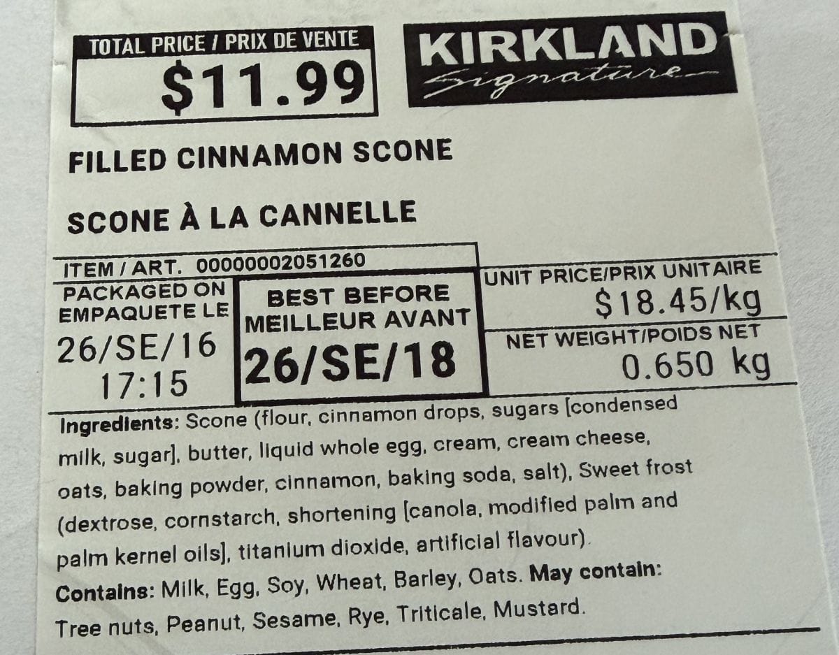 Image of the ingredients for the scones from the front label.