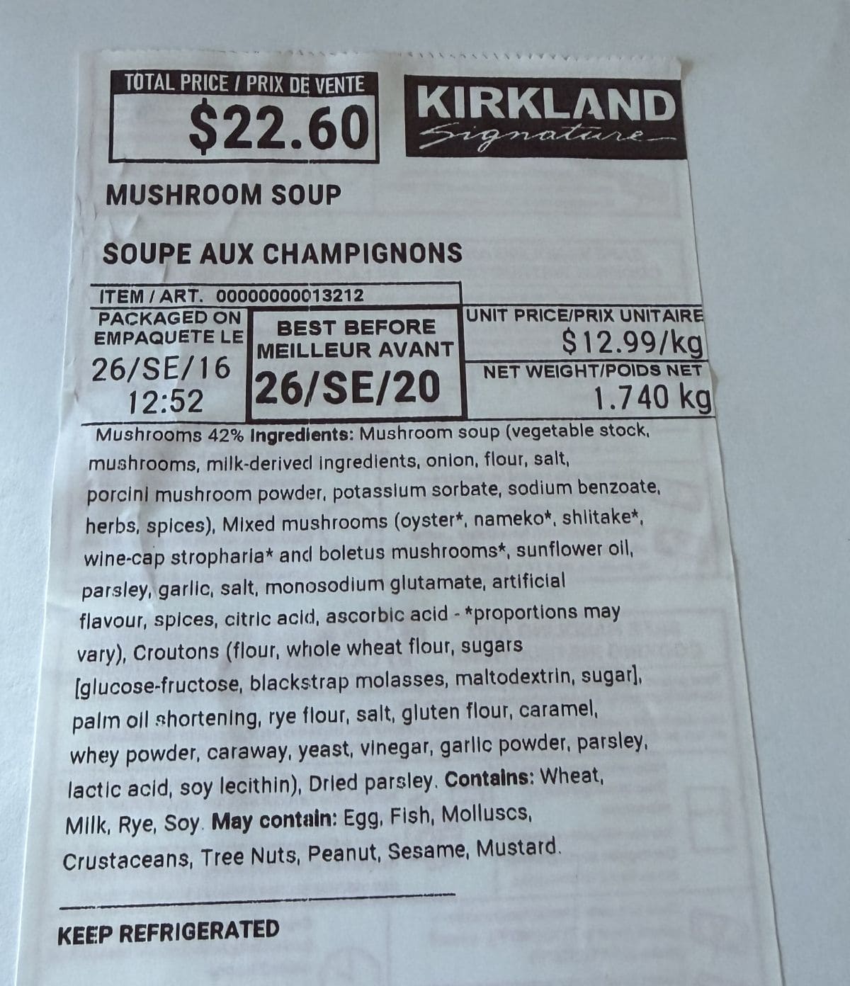 Image of the ingredients for the soup from the label.
