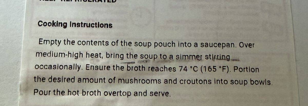 Image of the cooking instructions for the soup from the label.