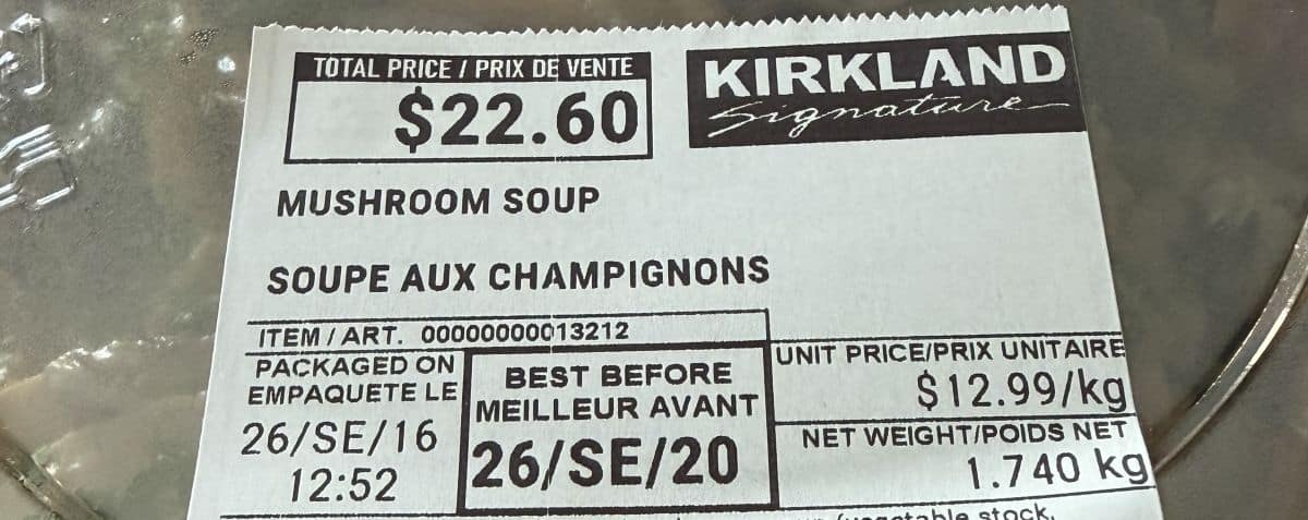 Image of the cost and best before date on the label on the soup.
