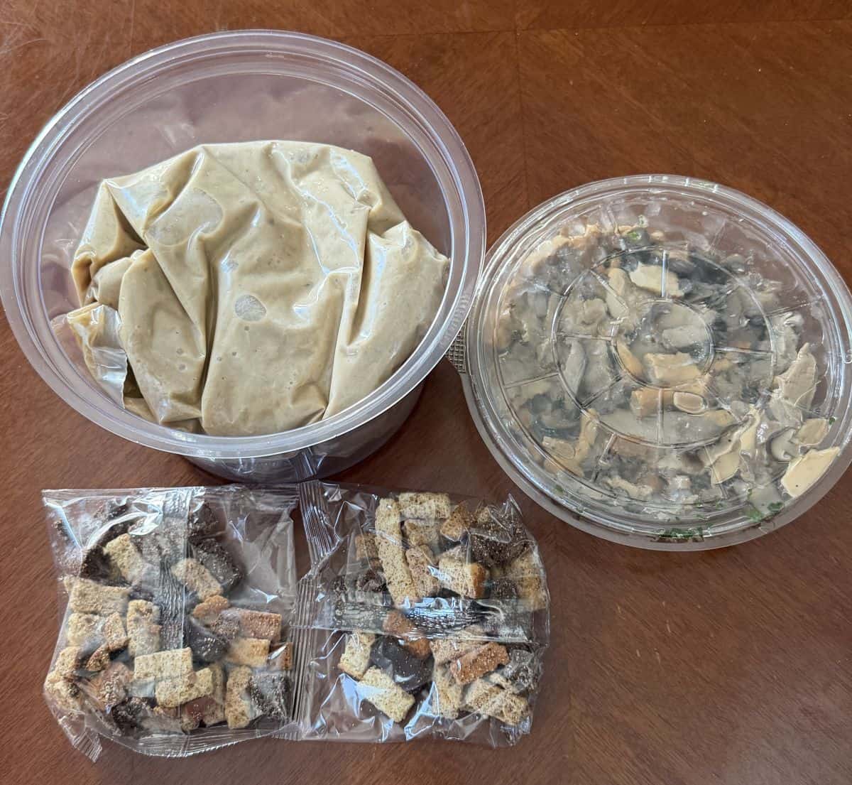 Top down image of everything that comes in the Costco Kirkland Signature Mushroom Soup kit.