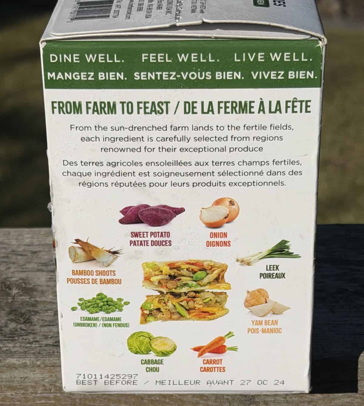 Image of the product description for the spring rolls from the side of the box.