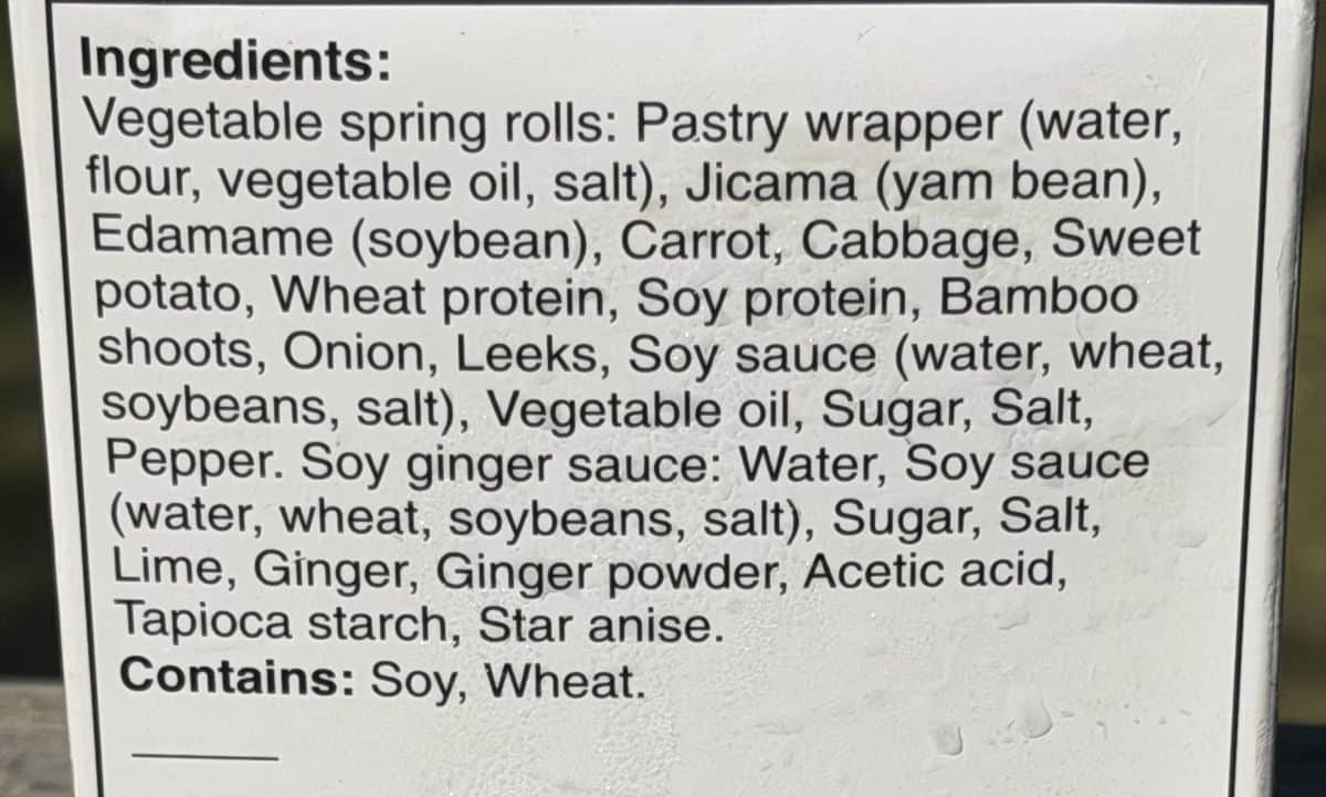 Image of the ingredients list for the spring rolls from the back of the box.