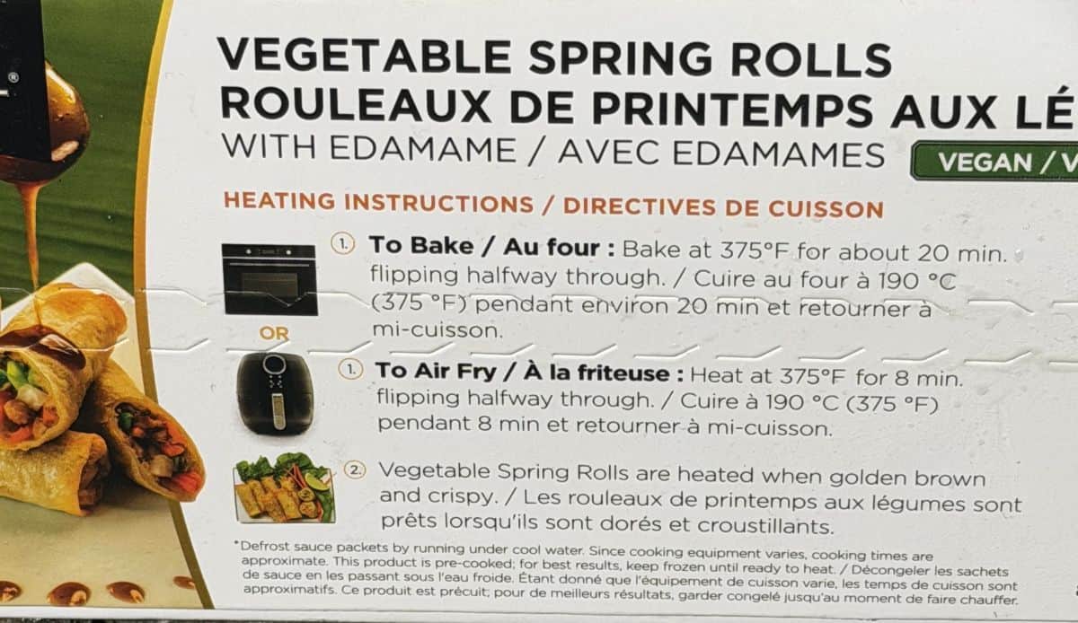 Image of the heating instructions for the spring rolls from the back of the box.
