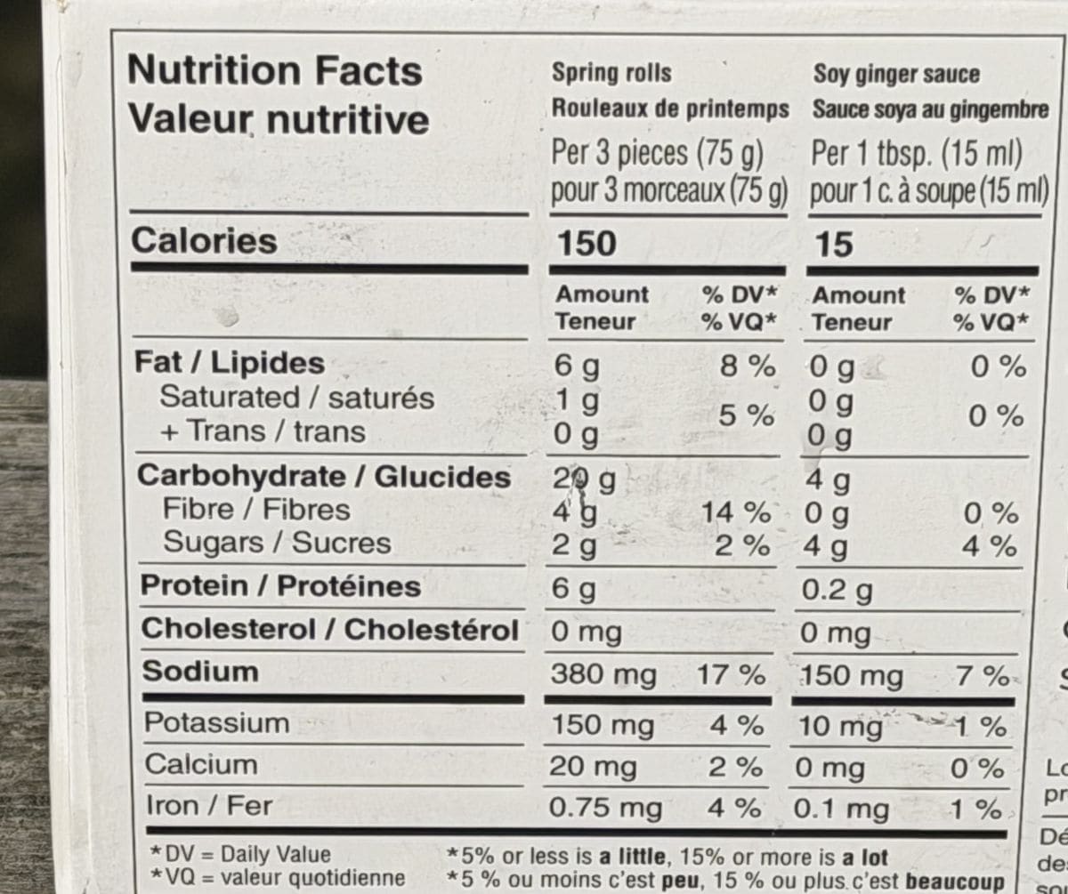 Image of the nutrition facts for the spring rolls and sauce from the back of the box.