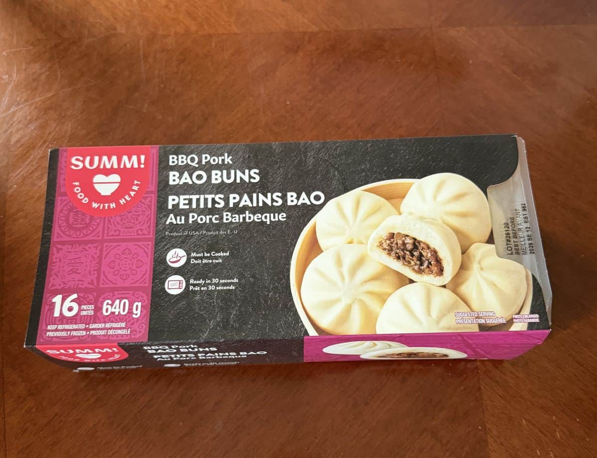 Image of the Summ! BBQ Pork Bao Buns package sitting on a table unopened.