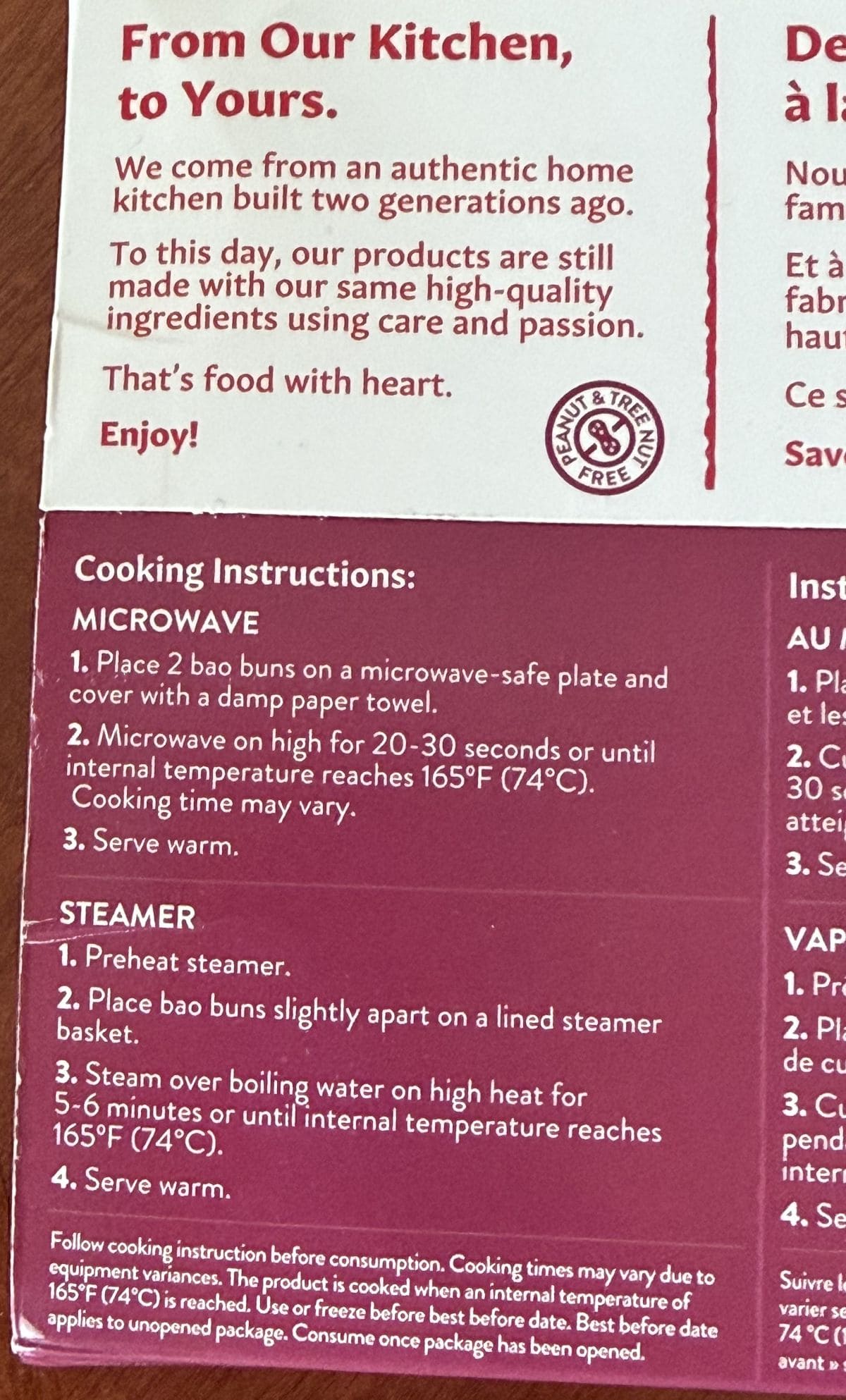 Image of the cooking instructions for the buns from the back of the package.