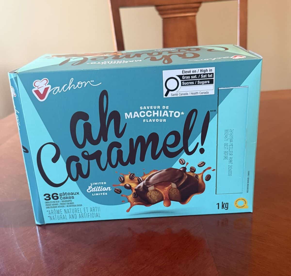Image of the Costco Vachon Ah Caramel! Cakes box sitting on a table unopened.