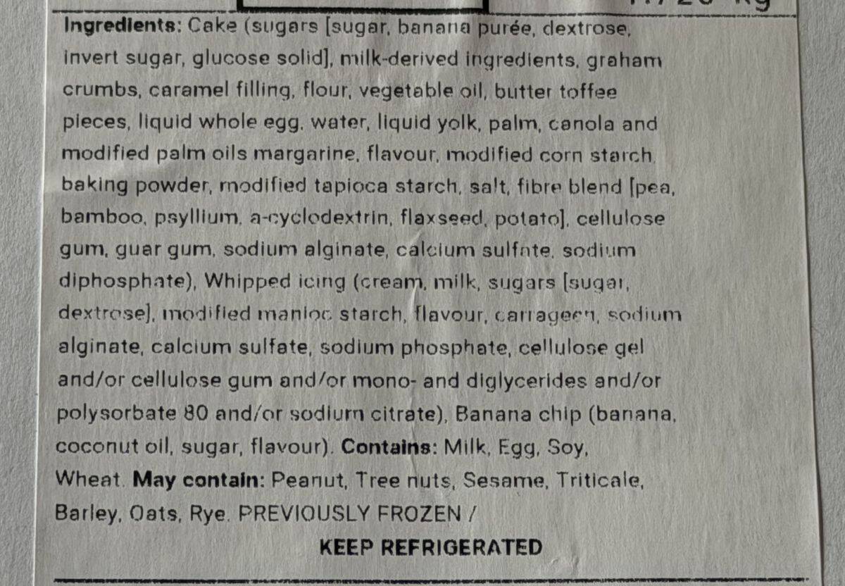 Image of the ingredients label for the Banana Toffee Cake.
