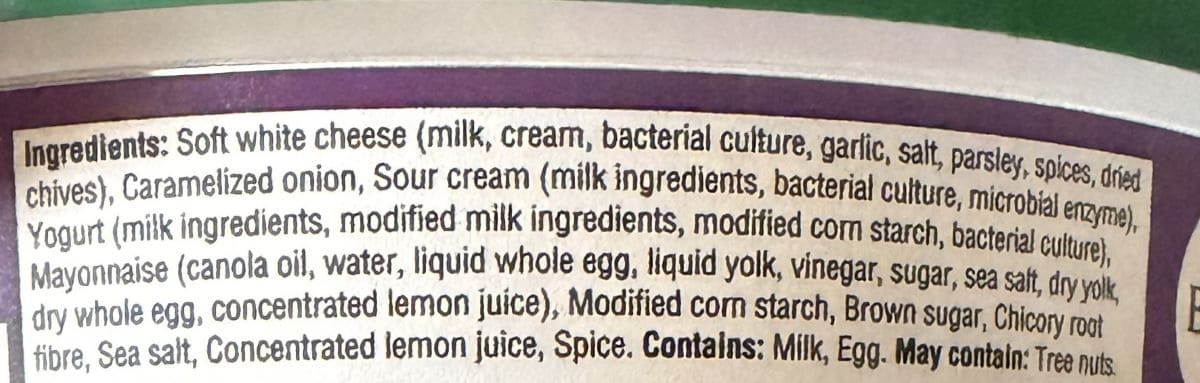 Image of the ingredients for the dip from the back of the container.