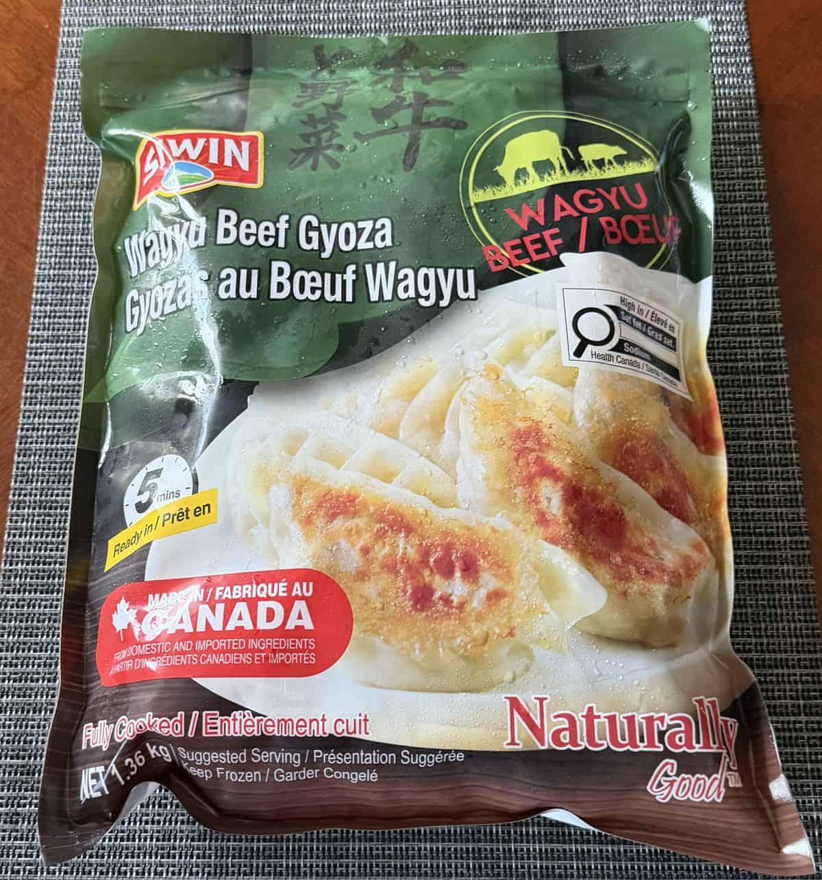 Image of the Costco Siwin Wagyu Beef Gyoza sitting on a table unopened.