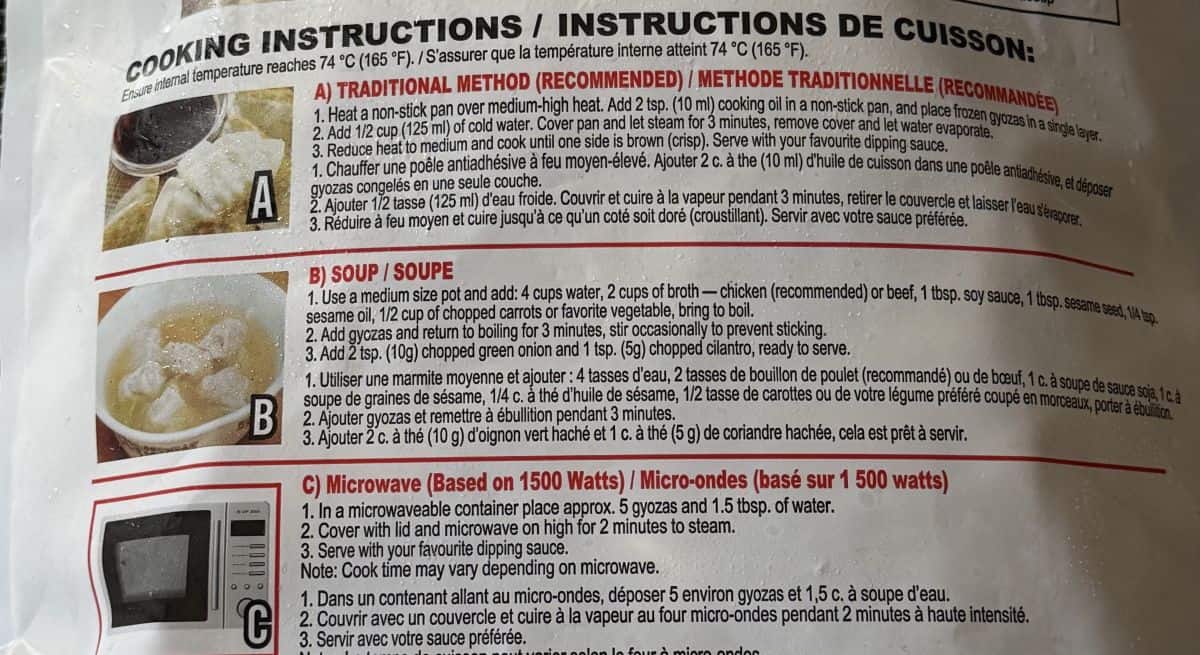 Image of the cooking instructions from the back of the bag.