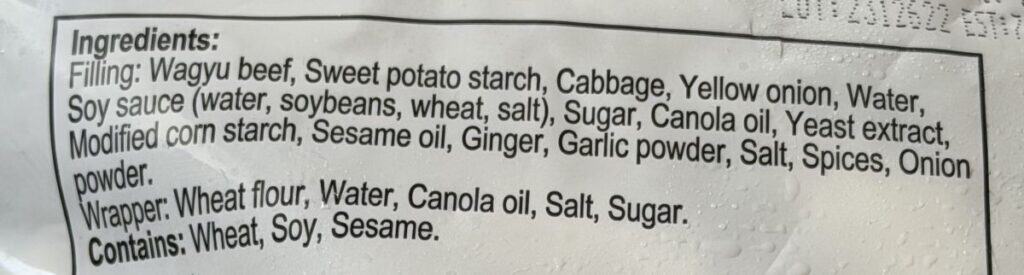 Image of the ingredients list for the gyoza from the back of the bag.