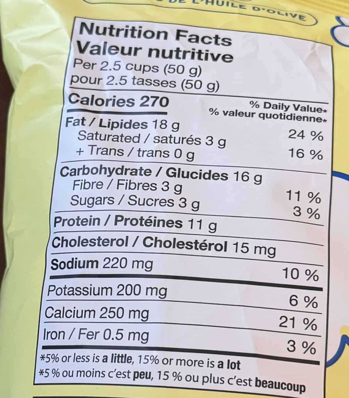 Image of the nutrition facts from the back of the bag.