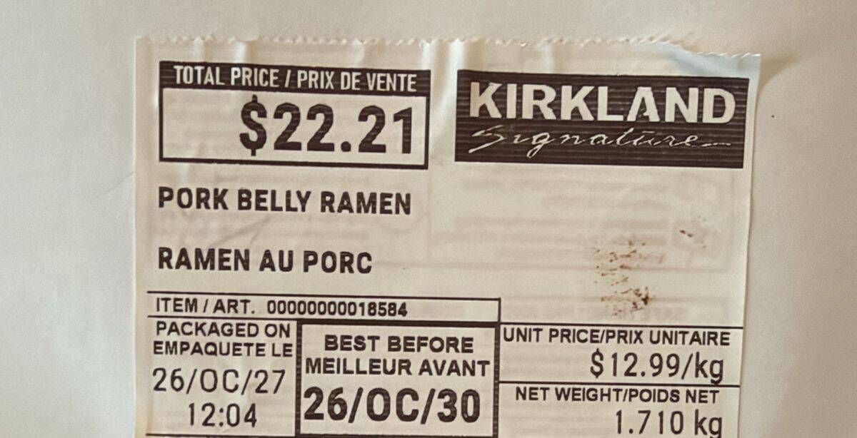 Image of the cost and expiry date for the ramen from the front label.