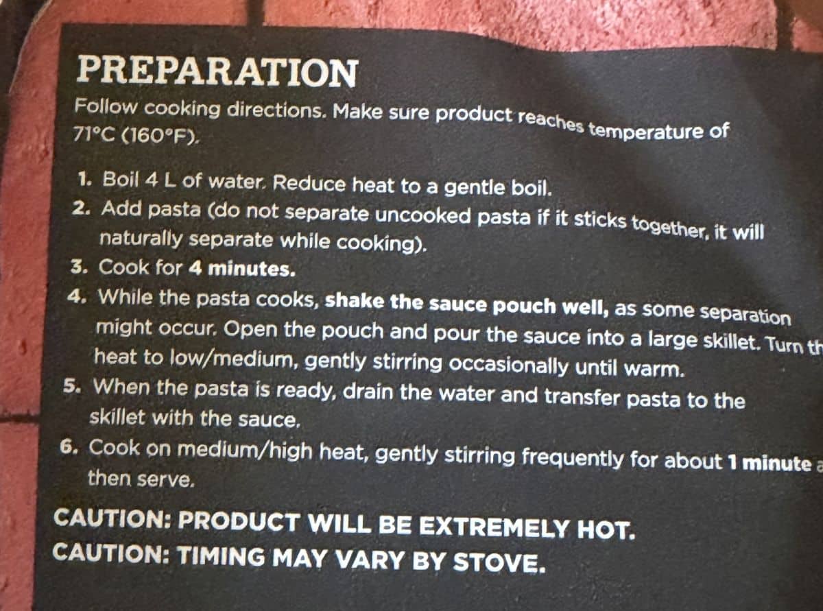 Image of the preparation instructions from the back of the package.