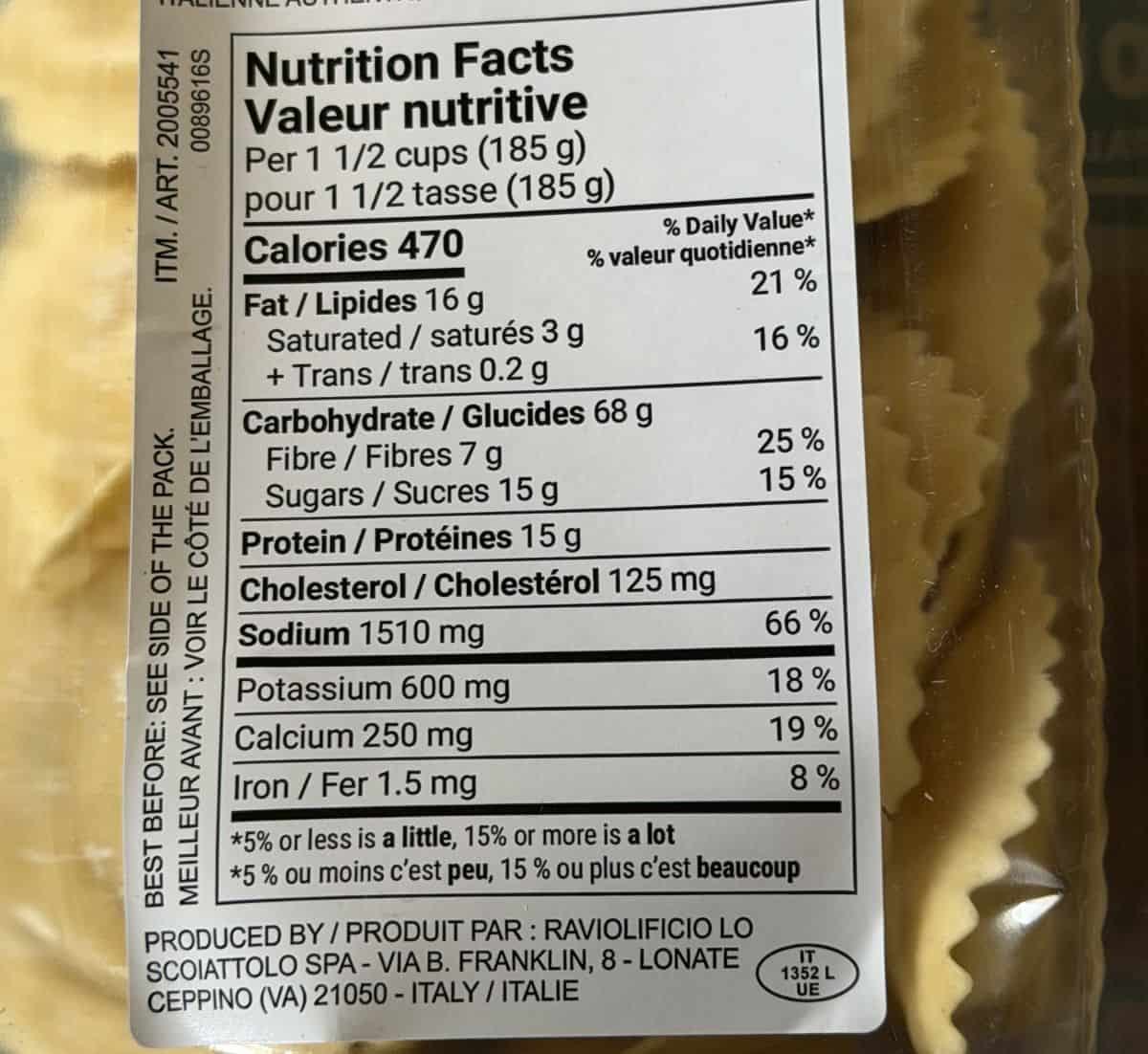 Image of the nutrition facts for the ravioli from the back of the package.