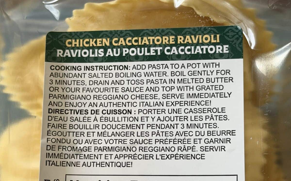 Image of the cooking instructions for the ravioli from the back of the package.