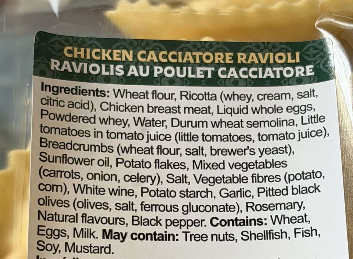 Image of the ingredients for the ravioli from the back of the package.