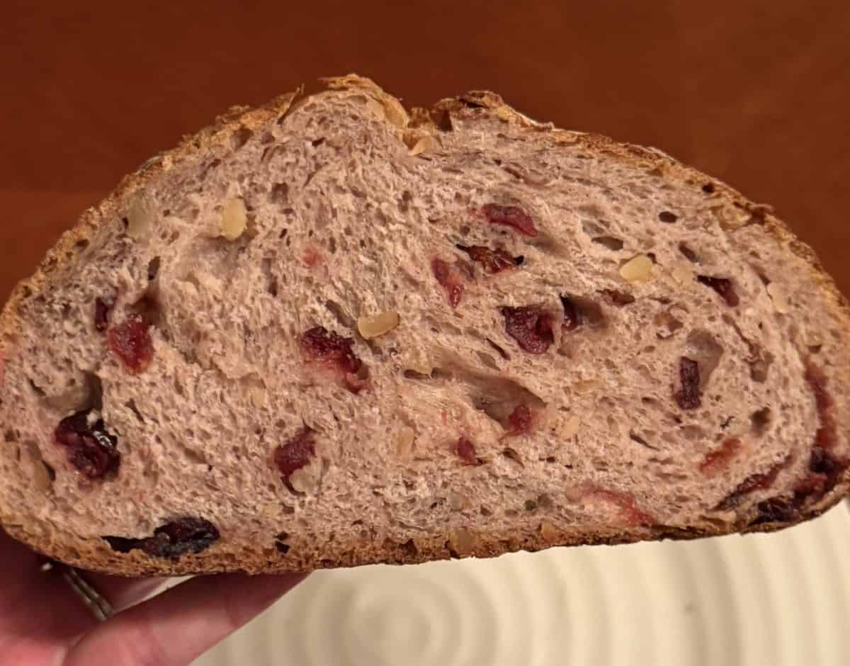 Image of a hand holding one slice of the loaf close to the camera.